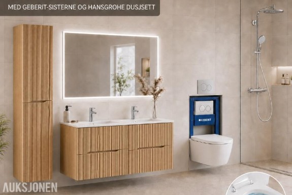 Komplett baderomspakke NORDIC CREMONA 120 cm – dobbelservant, Geberit, vegghengt toalett og Hansgrohe dusj 